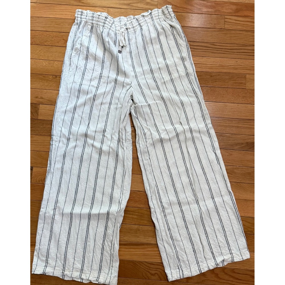 Time and Tru Womens Cream Black Striped Linen Blend Wide Leg M 8-10 TT209756